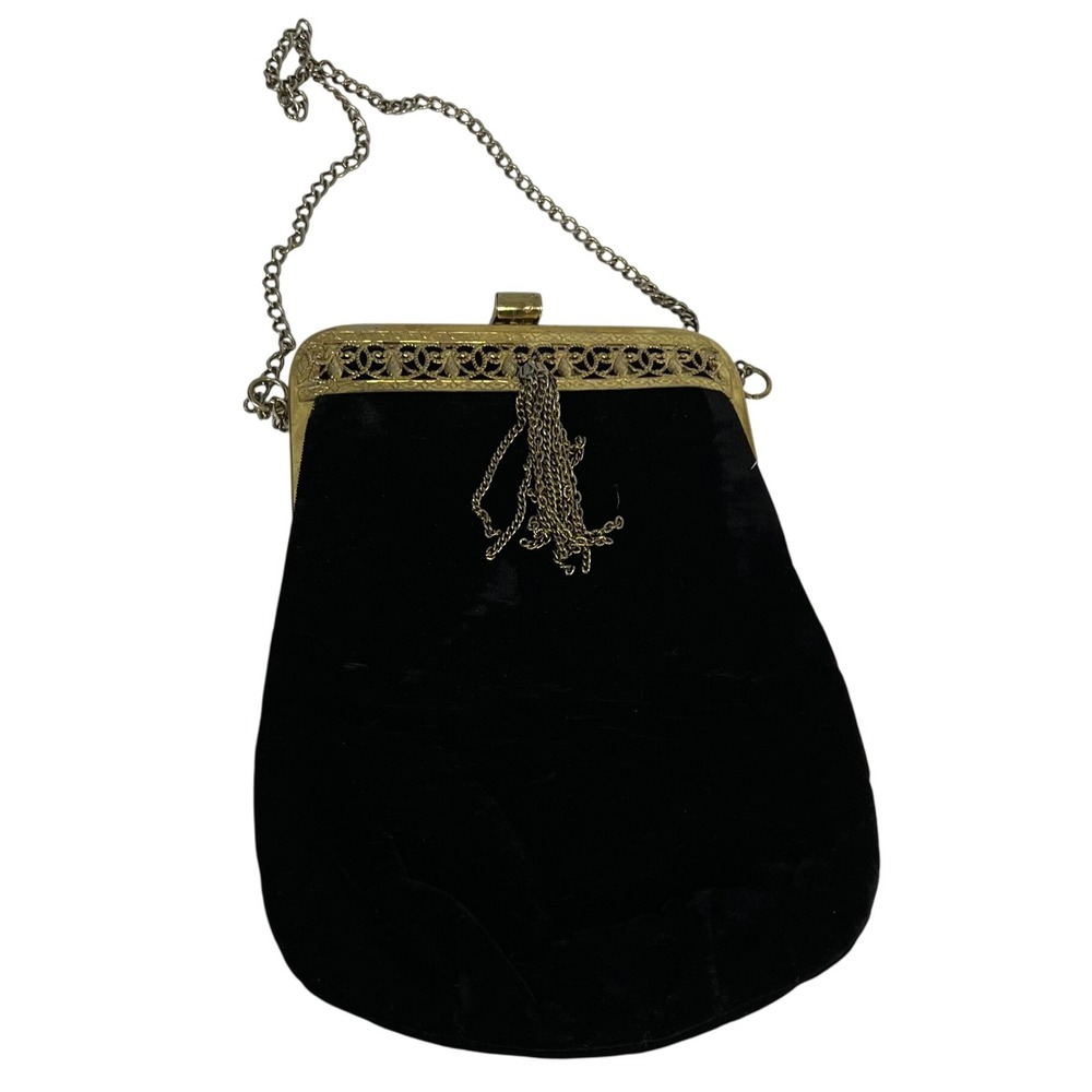 Vintage Black Velvet Clutch with Gold Frame and Chain